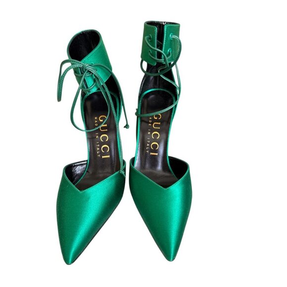 GUCCI 752966 Priscilla Emerald Green Satin Strap Gold Stiletto Heel 36+, US 6.5 - Picture 2 of 16